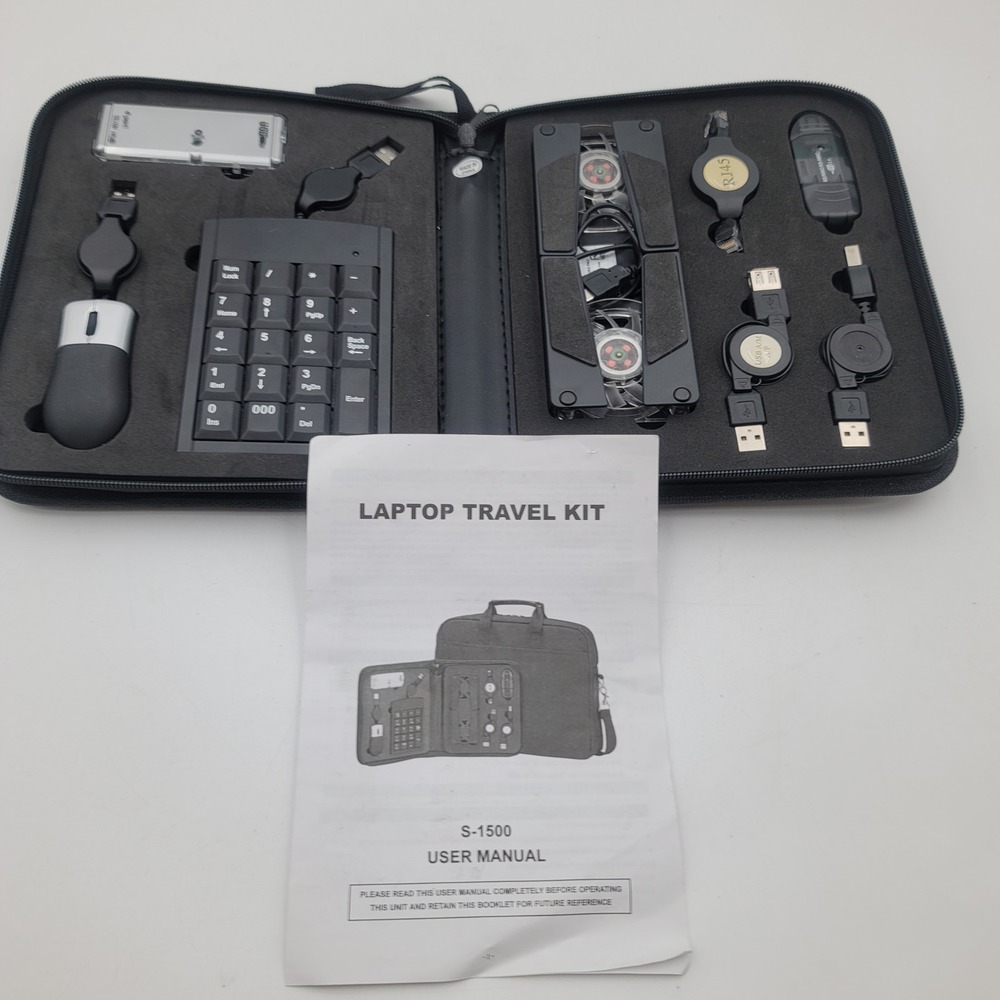 Laptop Travel Kit S-1500 Numeric Keypad Mouse USB Hub Cooling Fan Cables Case